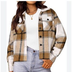 Hotouch flannel cropped button down shirt size medium brown black cream top NWT